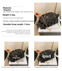 Comparaison de taille du sac de soirée à paillettes noires avec une revue A4 et un iPad