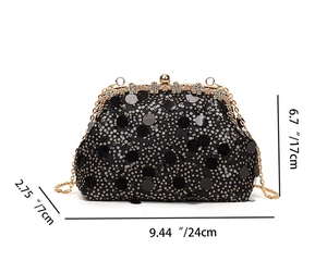 Vue détaillée de la pochette de soirée à paillettes noires avec cadre doré en cristal