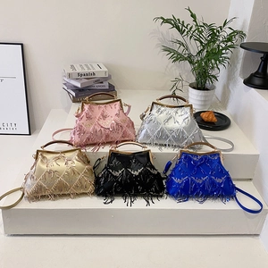 Selection of sequin tassel evening bags in pink, gold, silver, black, and blue colors