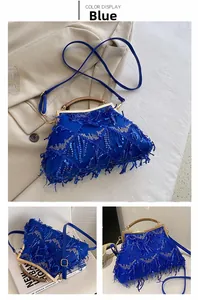 Detail of blue sequin tassel clutch with wooden handle and vintage gold metal frame