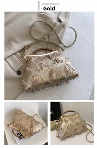 Detail showing gold sequin fringe evening bag with dark wood handle and leather strap