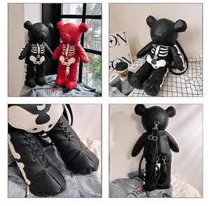 Detail view of gothic bear backpack with skeleton print and adjustable straps