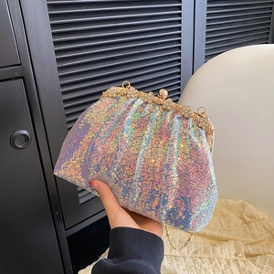 Sequin Evening Clutch Bag Elegant Rhinestone Flower Metal Frame Crossbody Purse For Women Party Wedding