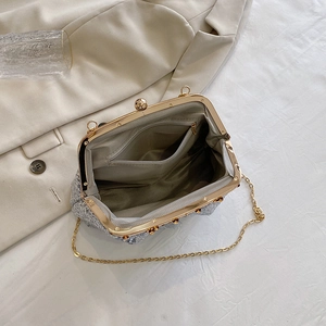 Elegant silver sequin evening clutch with gold metal frame and delicate chain strap