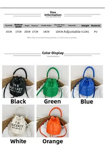 Detail view of large capacity PU leather bucket bags in five colors with drawstring