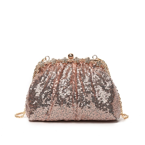 Rose gold sequined evening clutch with crystal flower clasp and metal chain strap