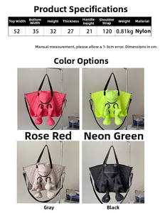 Size chart showing large nylon bag dimensions with upper width and handle height details