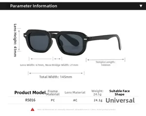 Detailed dimensions of R5016 rectangular sunglasses showing frame width and PC material specs