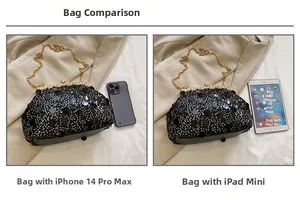 Comparaison de taille montrant la pochette noire à paillettes avec un iPhone 14 Pro Max et iPad