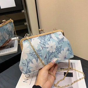 Vintage light blue floral jacquard frame clutch bag with gold chain strap for women