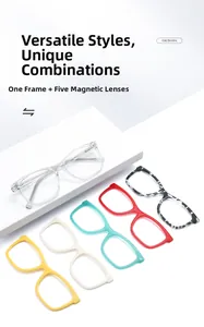 Detail of TR90 magnetic eyewear set with one clear frame and five colorful clip-on lenses
