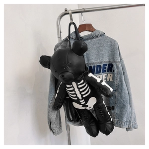 Detail of dark gothic bear backpack with white skeleton print and stitched eye accents