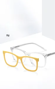 Detail of square TR90 magnetic glasses frame with yellow clip-on lens for daily wear