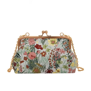 Vintage floral jacquard frame bag with champagne gold metal clasp and chain strap