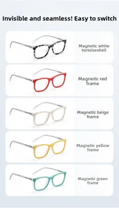 Detail view of five different magnetic TR90 eyeglass frame colors in a vertical display