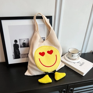 Knitted Underarm Bag Cartoon Heart Eyes Smiley Face Crochet Shoulder Tote Large Capacity Cute Aesthetic For Women