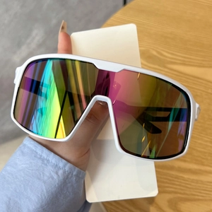 Macro detail of white curved frame cycling sunglasses with iridescent rainbow lens