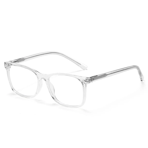 Detail view of transparent TR90 square glasses frames with metal hinge construction