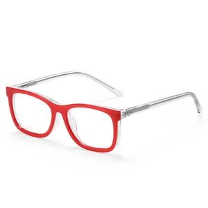 Red TR90 magnetic frame glasses with transparent temples shown in a 45-degree angle view