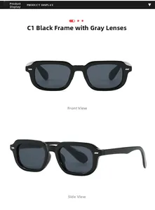 Close-up of black square sunglasses featuring silver metal rivets and grey UV lenses