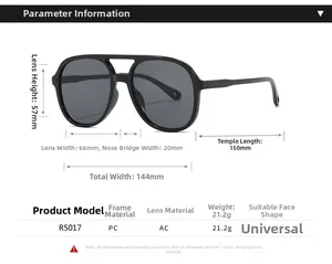 Detailed size specifications for PC frame pilot sunglasses with AC lenses and dimensions