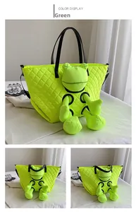 Macro detail of fluorescent green quilted tote bag with unique 3D frog doll attachment
