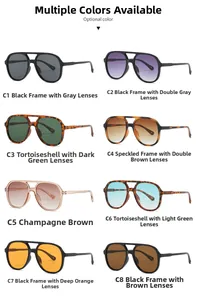 Detailed grid of aviator sunglasses in eight colors with stylish double bridge frames