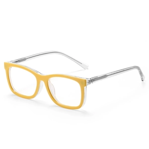 Detail view of stylish yellow TR90 rectangular frame with clear transparent temples
