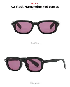Front and side view of black square sunglasses with burgundy lenses and rivet details