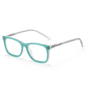 Detailed 45-degree view of TR90 mint green rectangle frame with clear temples