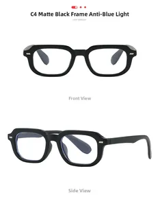 Vue détaillée des lunettes anti-lumière bleue noir mat avec monture carrée rétro et rivets