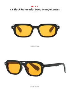 Detail view of square black frame sunglasses with deep orange lenses and silver rivets