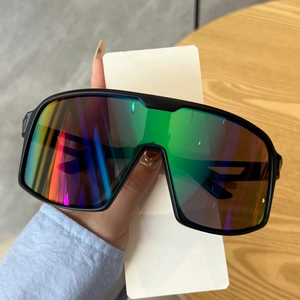 Oversized sports cycling sunglasses with iridescent multi-color lenses and matte black frame