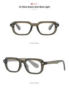 Détails de la monture carrée rétro vert olive avec filtre anti-lumière bleue sous divers angles