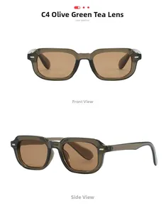 Detail of olive green square sunglasses with tea lenses and silver rivet accents