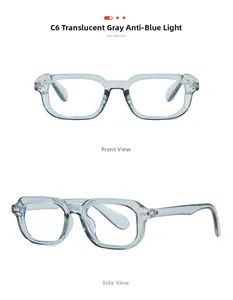 Détail de la monture carrée gris transparent avec verres anti-lumière bleue et charnières