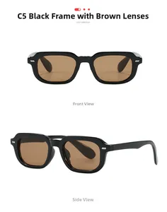 Front and side views of black square frame sunglasses with tea lenses and rice nail detail