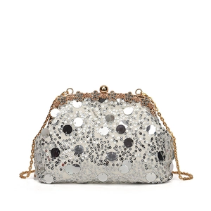 Pochette de soirée rétro à paillettes argentées avec fermoir fleur doré et chaîne