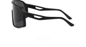Detail view of large frame sports sunglasses with matte black frames and cutout temples