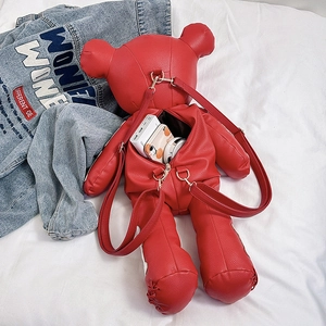 Gothic style red bear shape backpack in pebbled PU leather with gold hardware detail