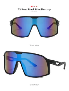 Detail view of matte black oversized cycling sunglasses with blue mirror lenses