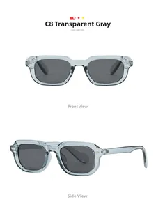 Detail view of transparent grey square frame sunglasses with dark grey lenses in C8 color