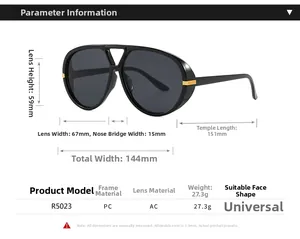 Detailed dimensions of R5023 black pilot sunglasses with gold metal accents