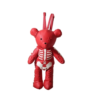 Gothic red leather teddy bear backpack with white skeleton print and punk cross stitching