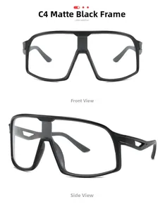 Detailed view of matte black oversized sports sunglasses with clear lenses and cutout temples