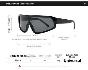 Detailed size specifications for R5018 oversized sunglasses with PC frames and lenses