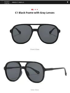 Close-up detail of oversized black aviator sunglasses with classic grey tinted lenses