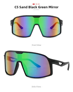 Detail view of oversized sports sunglasses with matte black frame and green mercury lenses