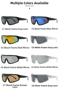 Matrix display of oversized sports sunglasses in eight color combinations for cycling