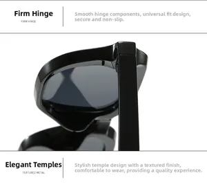 Detail of sturdy metal hinge and textured temple on black square sunglasses